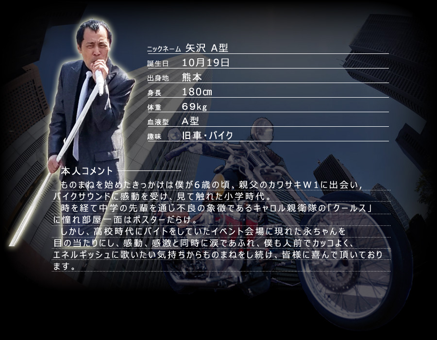 　ものまねを始めたきっかけは僕が6歳の頃、親父のカワサキW1に出会い,バイクサウンドに感動を受け、見て触れた小学時代。　時を経て中学の先輩を通じ不良の象徴であるキャロル親衛隊の「クールス」に憧れ部屋一面はポスターだらけ。　しかし、高校時代にバイトをしていたイベント会場に現れた永ちゃんを目の当たりにし、感動、感激と同時に涙であふれ、僕も人前でカッコよく、エネルギッシュに歌いたい気持ちから25年間ものまねをし続け、皆様に喜んで頂いております。